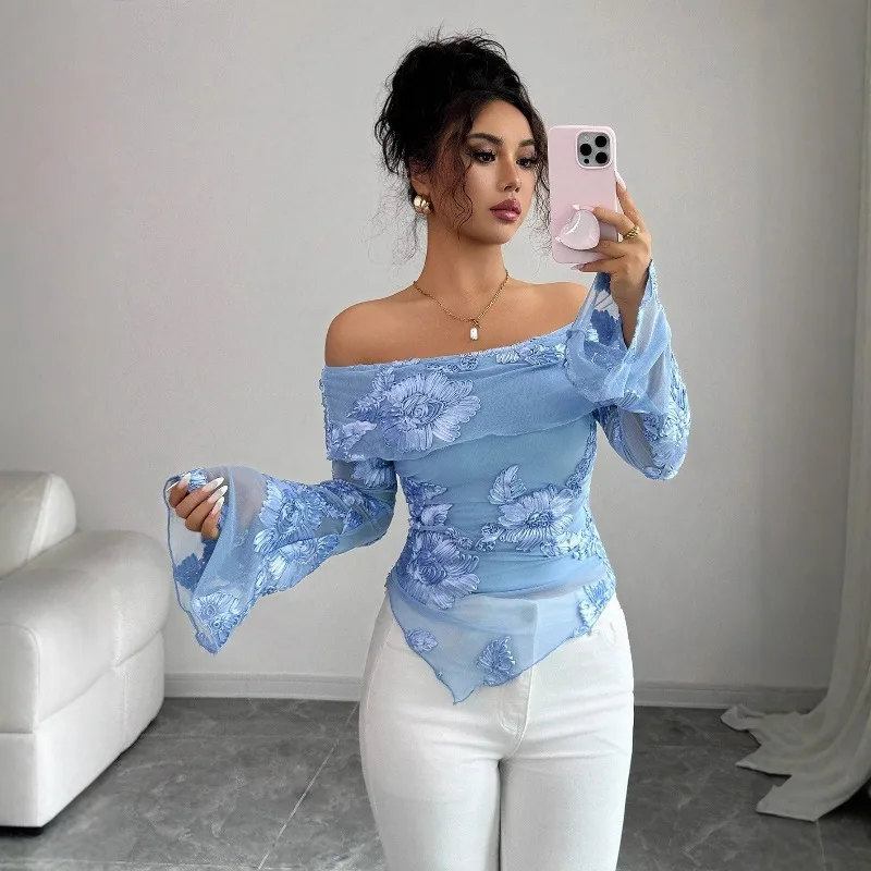 

Spring Autumn 2025 Trendy Off Shoulder Blouse Long T-shirt with Flare Sleeves Asymmetrical Hem Embroidery Slash Neck Tops
