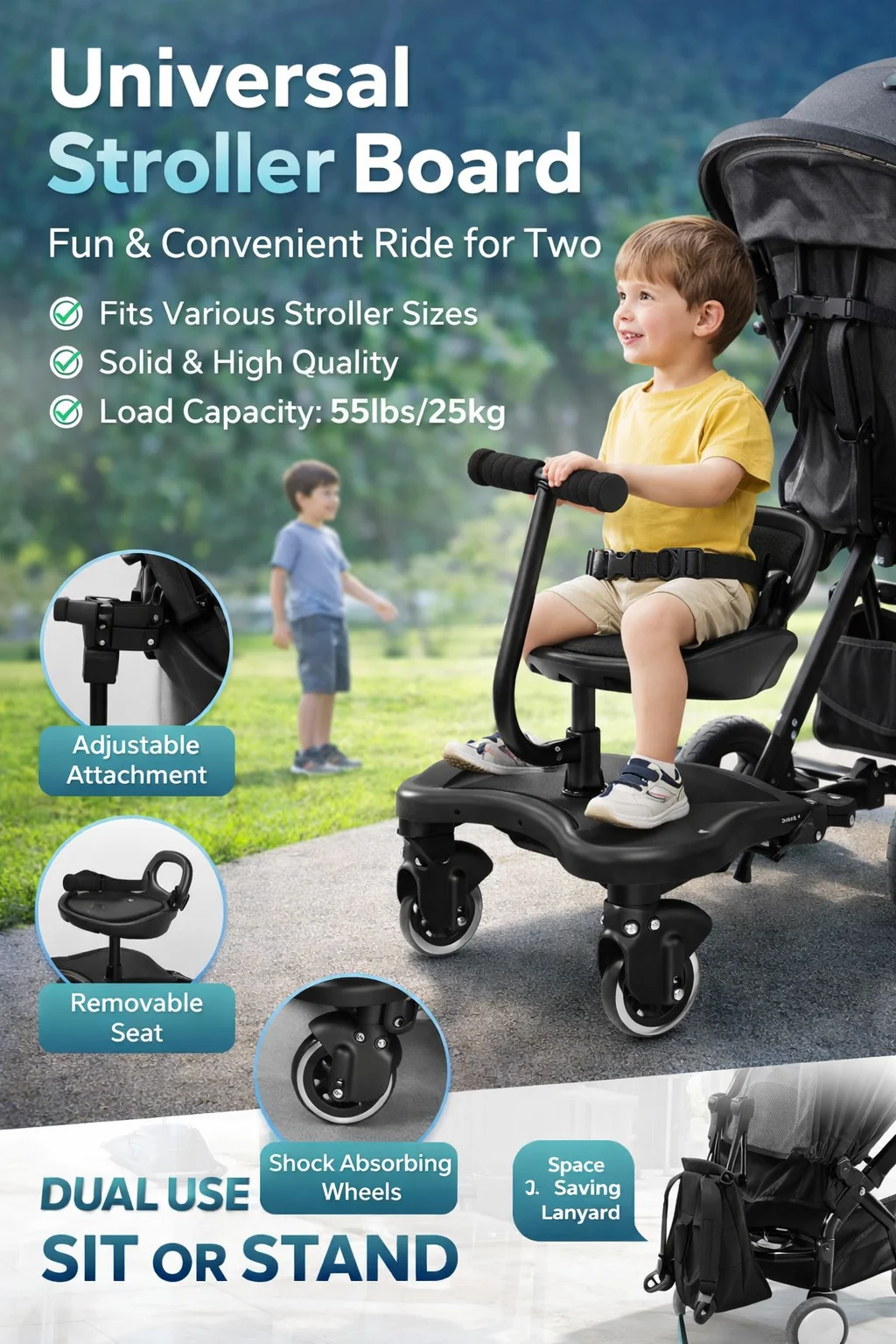 

Stroller Board for Toddlers, Adjustable Ride-On Standing Platform with Seat, 2 Shock-Absorbent Wheels, for 2-5 Years Old Kids
