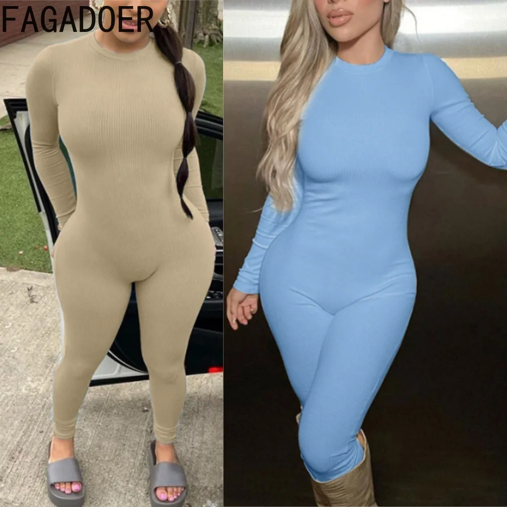 

FAGADOER Sports Ribbing Bodycon Jumpsuits Women Solid Color Long Sleeves Rompers Joggers Sportswear Autumn Fashion Overalls 2025