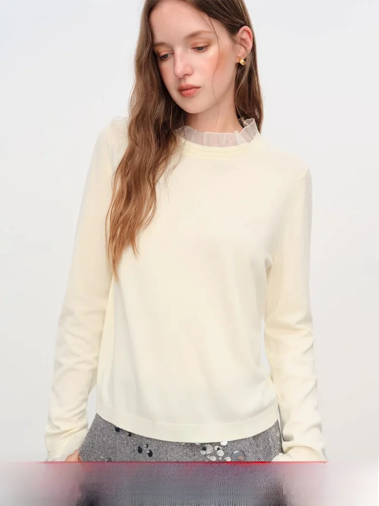 

Femslan Knitted Base irt Women's f High Collar Splice Design Wood ain Ruffle Soft Warm Polyester Fiber Long Sve