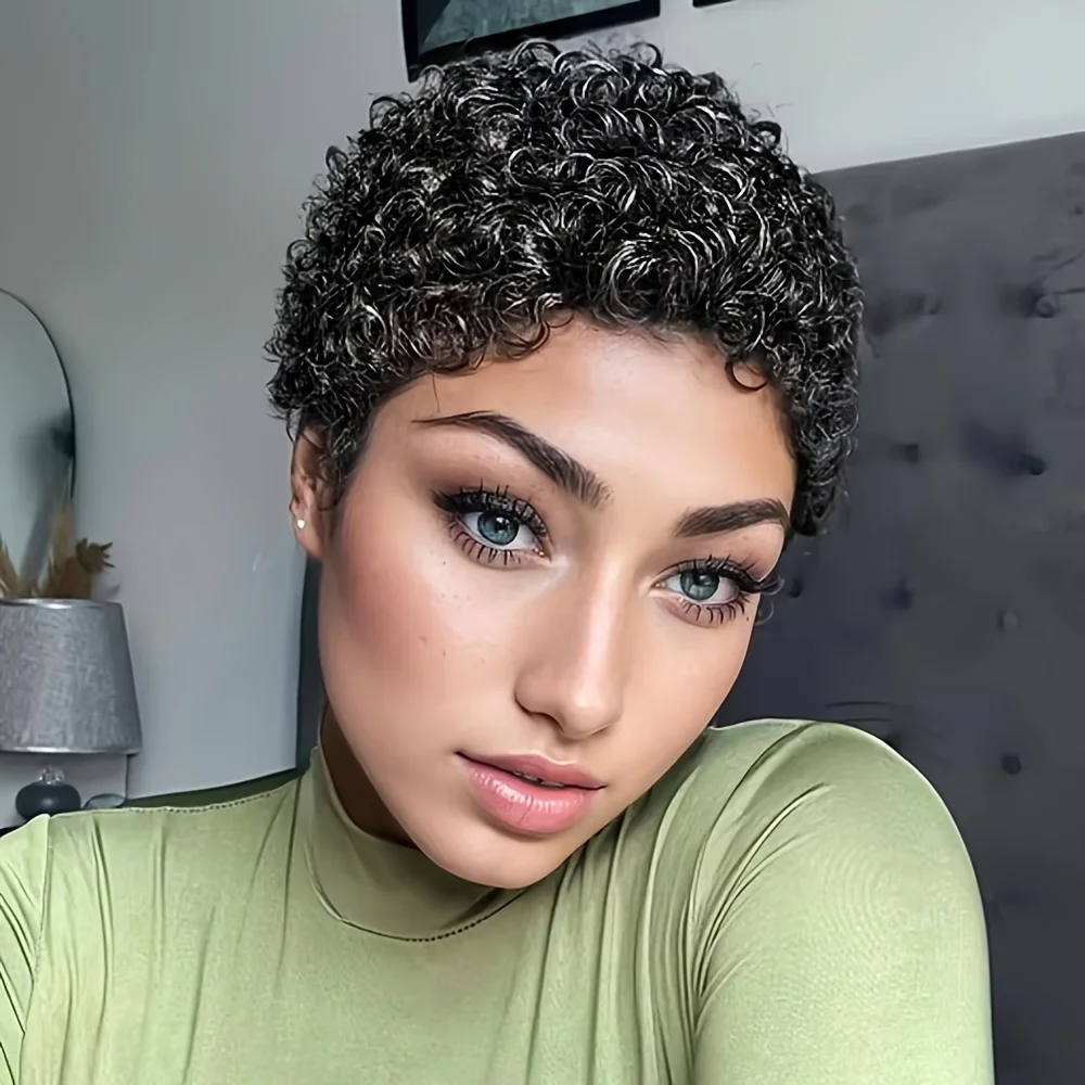 密度150% 4インチ フルマシンメイド ショートアフロカーリー人毛ウィッグ アフロショートウィッグ 女性用ピクシーカットウィッグ人毛