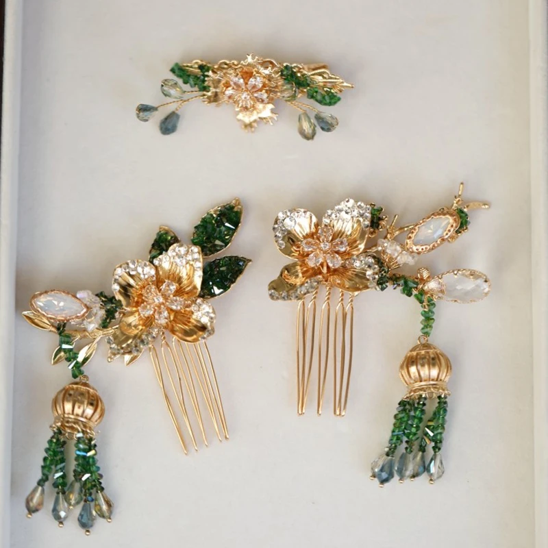 

Набор заколок-гребней для волос с зелеными бусинами и цветами, ручной работы, для свадьбы, выпускного вечера, женская корона, украшение для волос