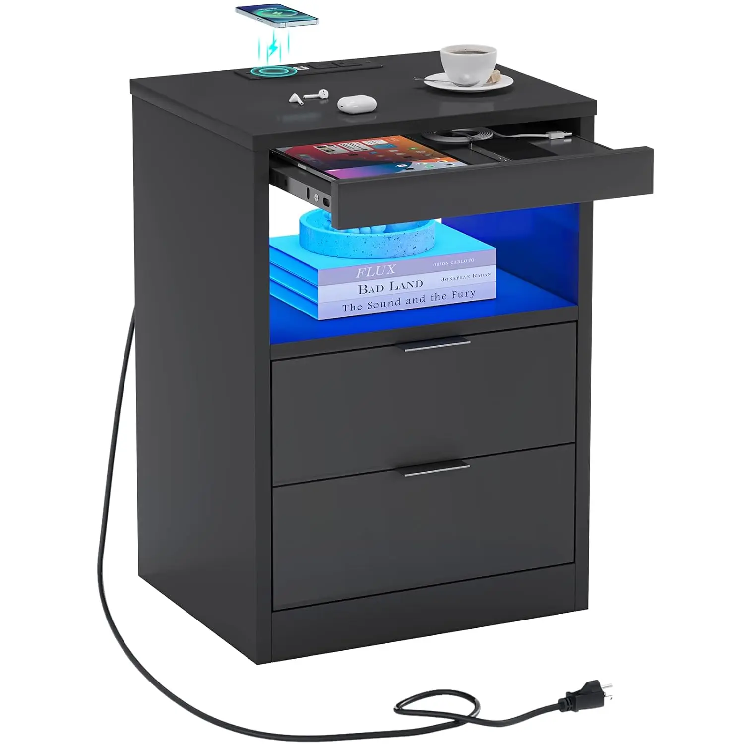 LED Nightstand Nightstand with Wireless Charging Station 2 Drawers, Modern Bedroom End Side Table with LED, Customized