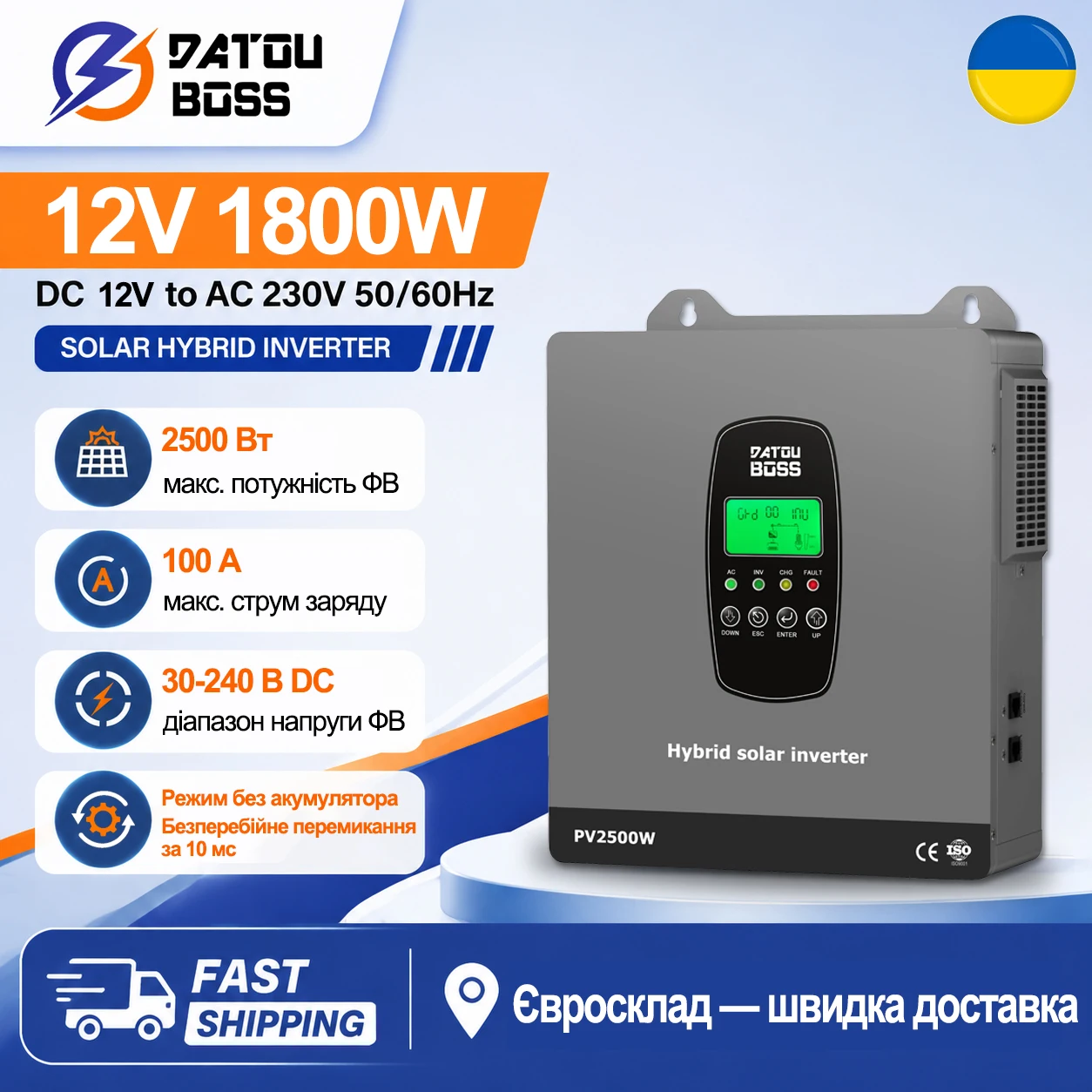 DATOUBOSS 1800W 12V-230V Hybrid Solar Inverter with Built-in MPPT, Battery-Free, for Home, RV, and Off-Grid Systems