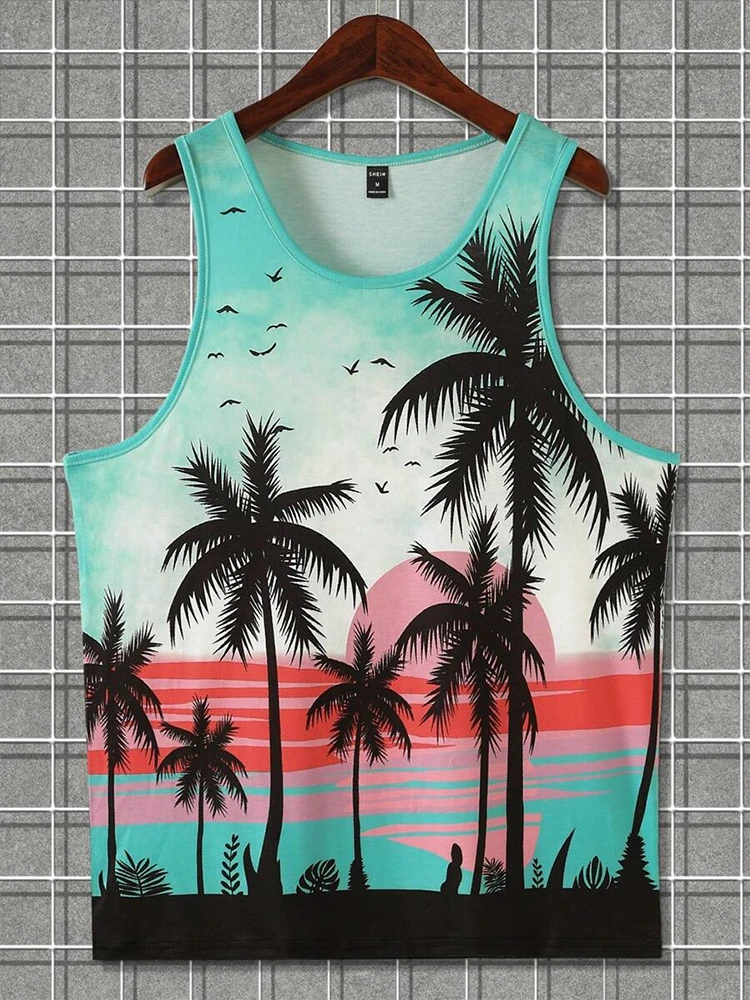 Hawaiian Style Men\'s O-neck Tank Top Summer Outdoor Beach Men\'s Casual Tank Top Sport Fitness Men\'s Sleeveless T-shirt 3D Print