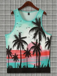 Hawaiian Style Men's Tank Top Summer Outdoor Beach Men's Casual Tank Top 3D Palm Print Men's Crew Neck Sleeveless T-shirt