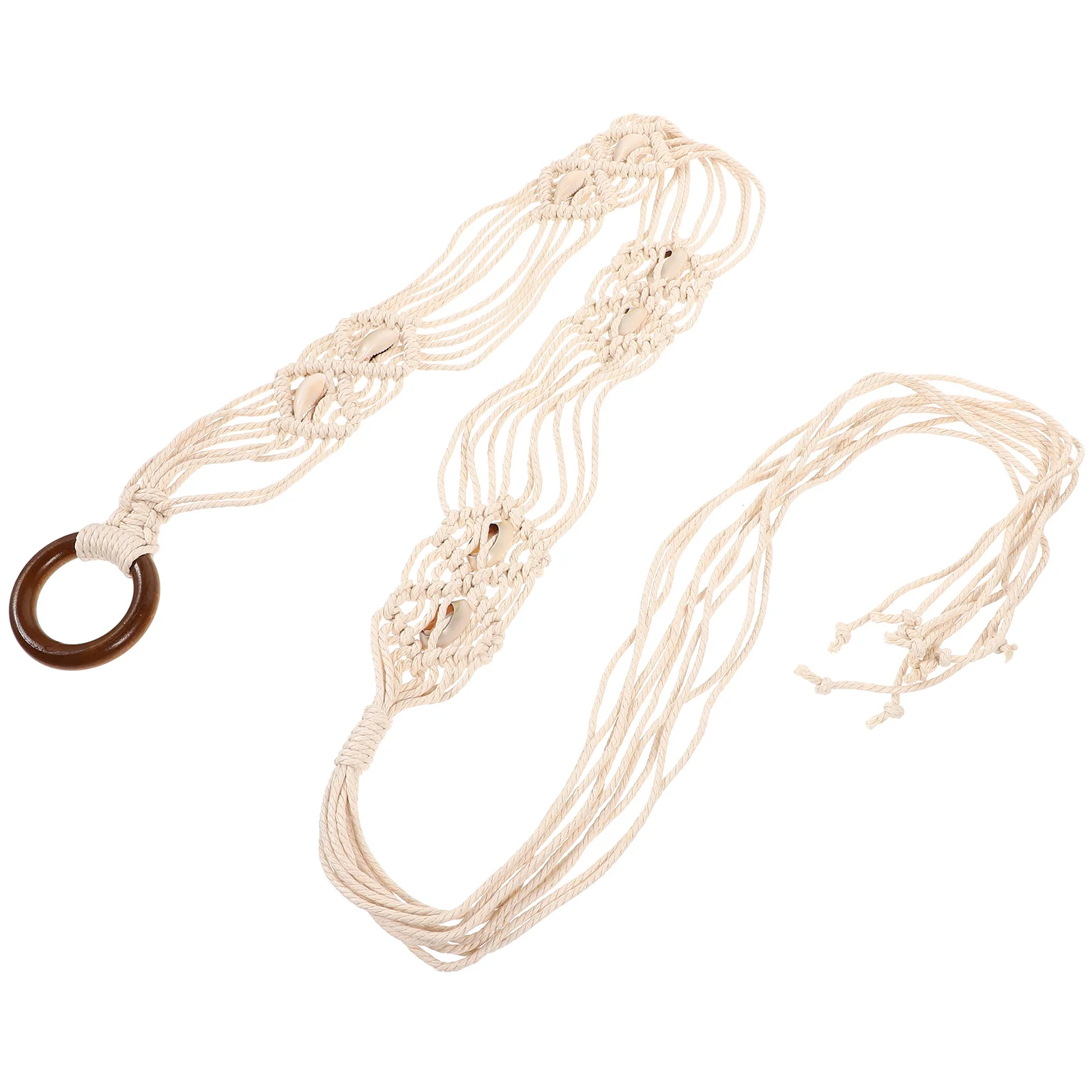 

Bohemian Wax Rope Shell Belt Handwoven Women Belts Wooden Buckle White Unique Design Decorative Fashion Waist For Dresses Pants