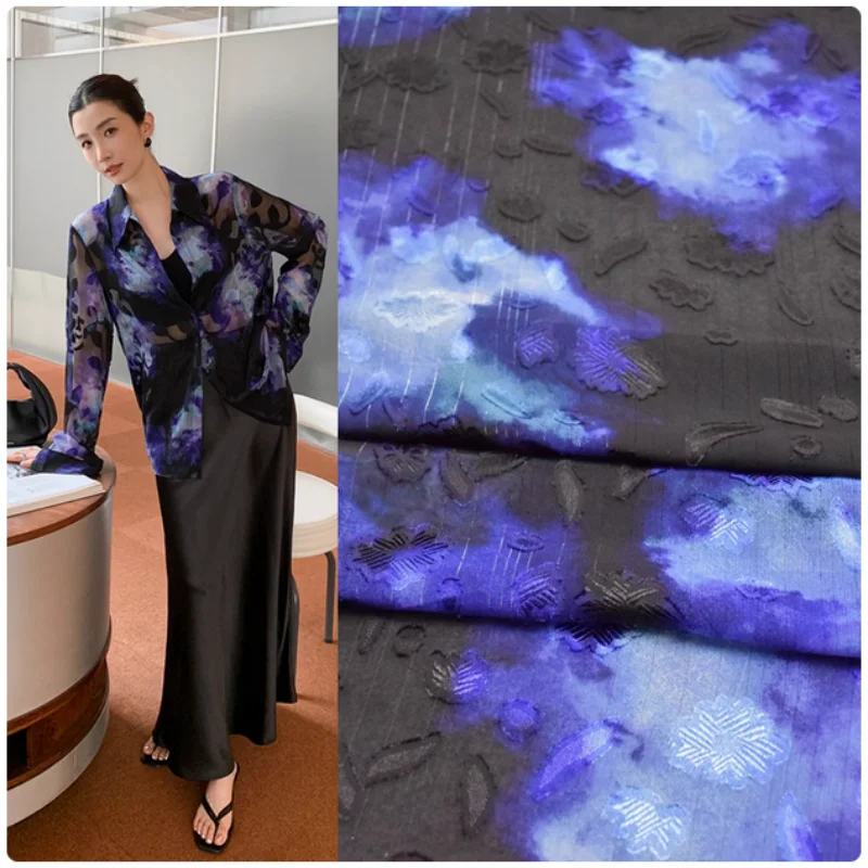 

Fashion Black Bottom Blue Big Flower Print Chiffon Fabric, Spring Summer Dress, Shirt Sunscreen Cloth Sewing Tissue, T2279