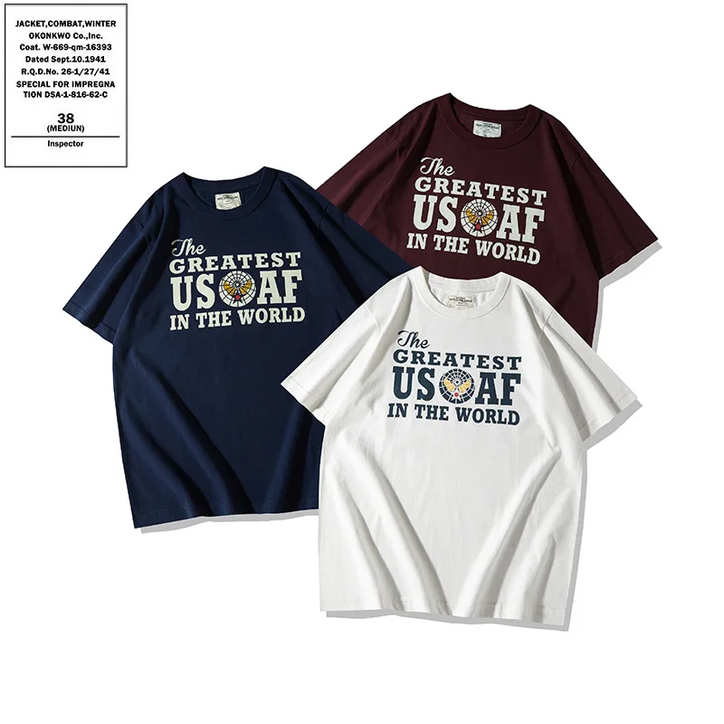 OKONWKO thick American retro military style T-shirt USAF Air Force round neck printed T-shirt
