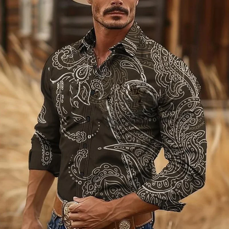 Men\'s Retro Western Cowboy Style 3D Printed Men\'s Casual Long Sleeve Shirts Outdoor Resort Horse Racing High Quality Lapel Shirt