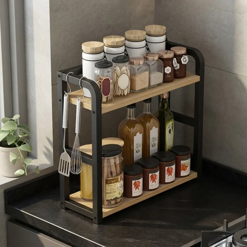 1pc 2-Tier Metal Countertop Shelf, Space Saving Coffee Mug Organizer, Rustproof Kitchen Rack for Condiments Spices and Jars