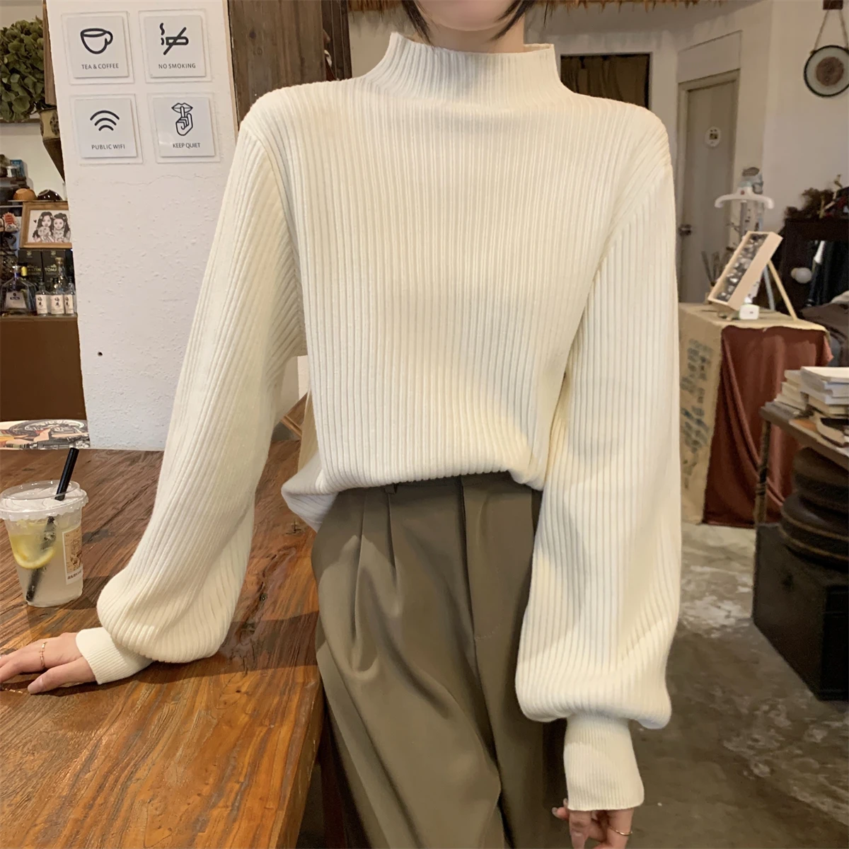 Korean Half High Collar Sweater Women Velvet Lantern Sleeve Soft Loose Knit Base Autumn Winter