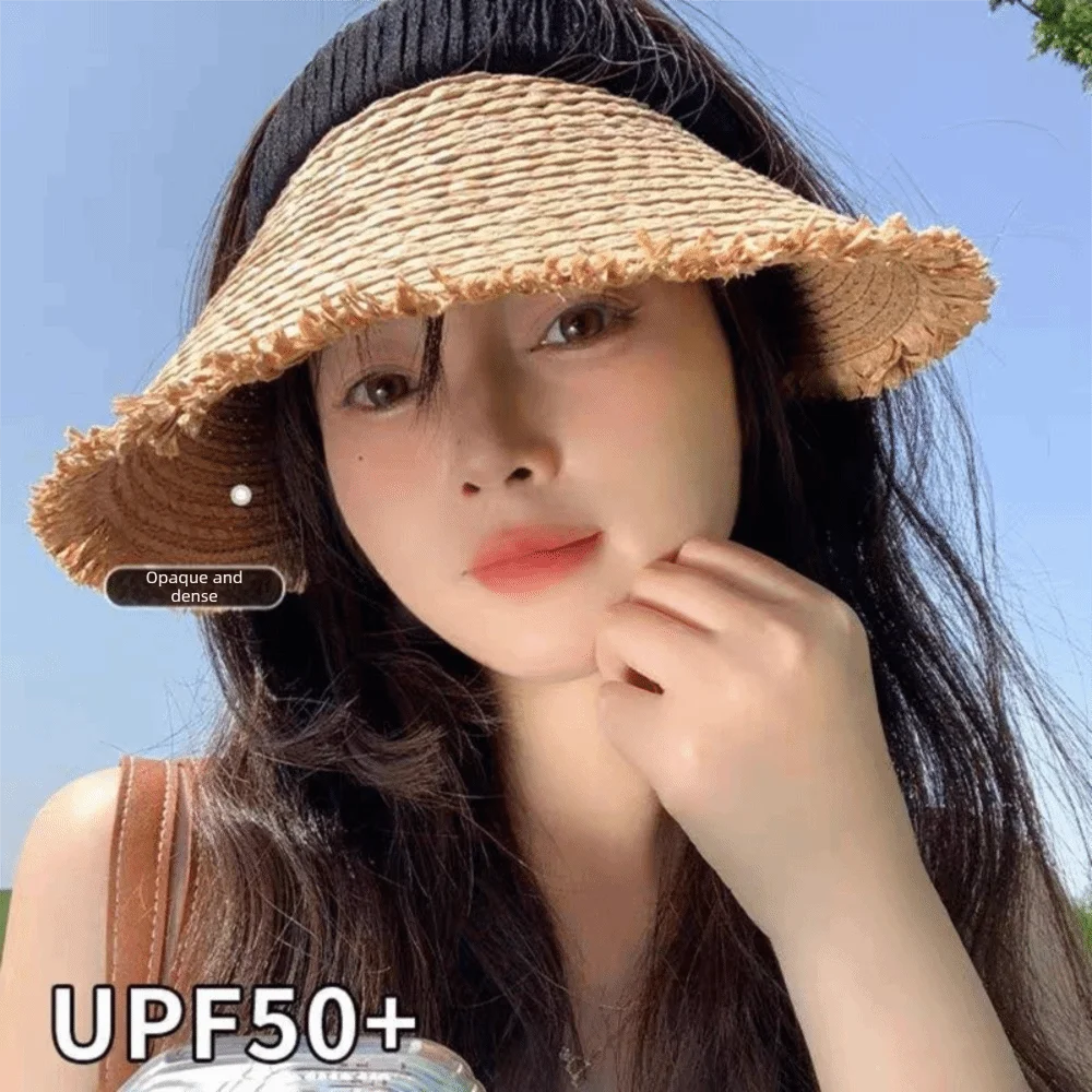 Apparel Accessories Woven Straw Visor Cap Sunscreen Hollow Empty Top Hat Big Head Circumference Breathable Summer Sun Cap Beach