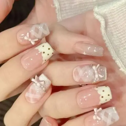 

10 штук накладных ногтей средней длины в стиле балетной танцовщицы, нежный дизайн, розовый цвет «кошачий глаз», очаровательный бант, набор накладных ногтей.