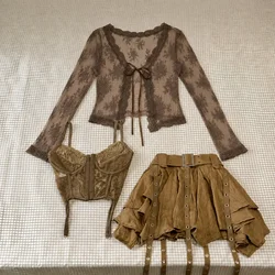 Harajuku Vintage Fashion 3 Piece Set Woman Korean Style Suit Short Cardigan + Slim Vest + Y2k E-Girl High Waist Skirt Hot Girls