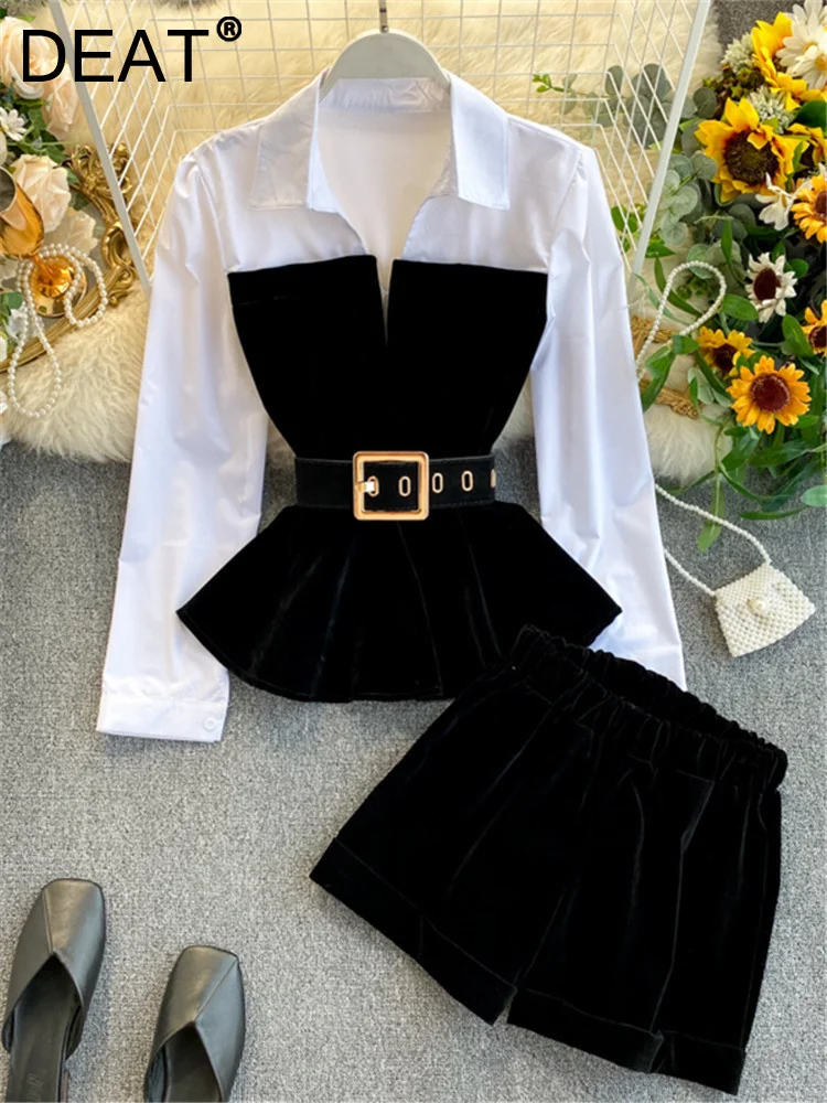 DEAT 2025 Spring Spring Long Sleeve Patchwork Velvet Size Small Tops With Belt High Waist Shorts Two Piece Set Women MH334