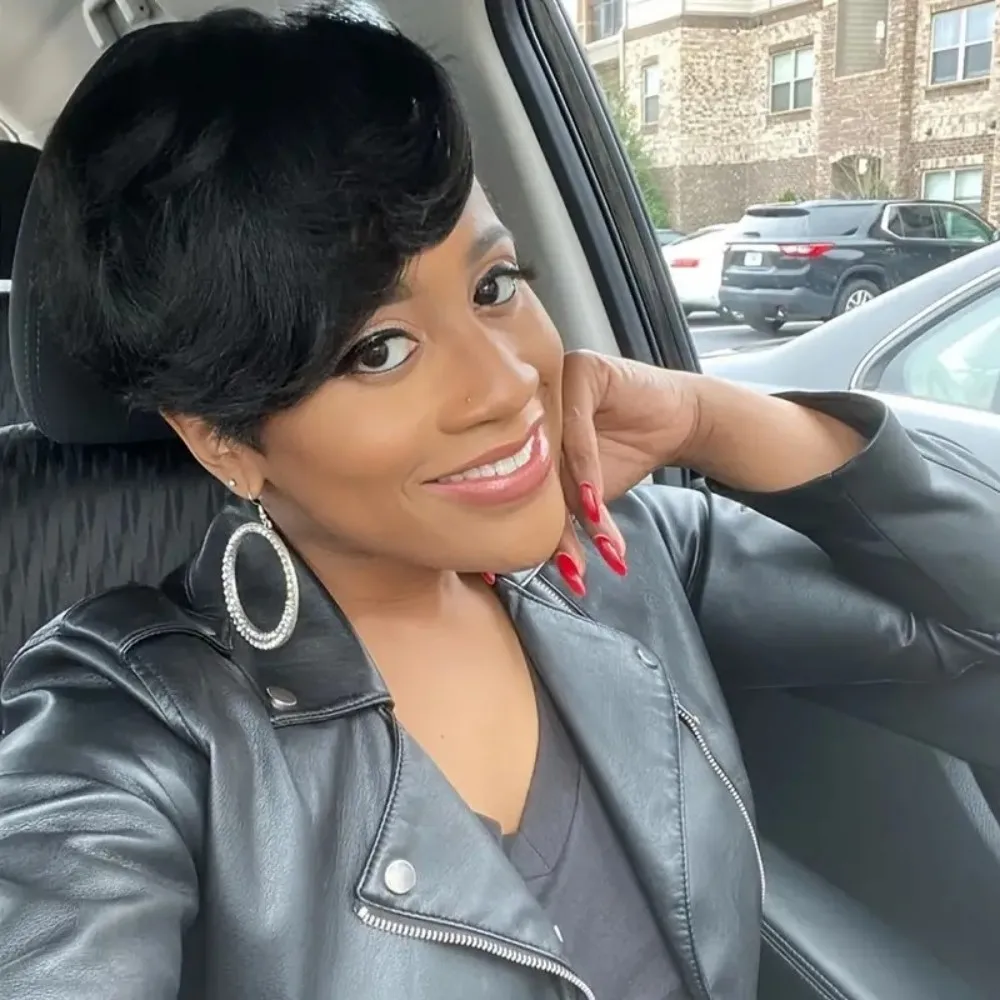 짧은 픽시컷 가발 인모 레이어드 전체 기계식 가발 1B 색상