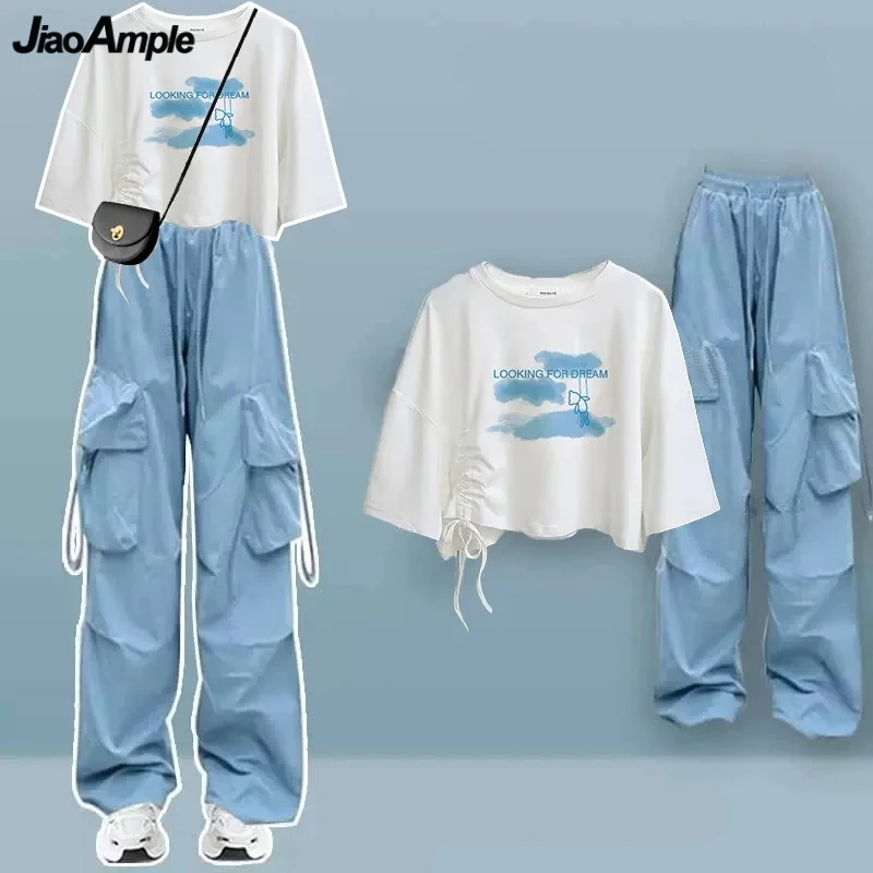 

2024 Summer Women Casual Matching Sets Korean Lady Casual Shirring T Shirts Blue Cargo Long Pants Suits Tops Trousers Outfits