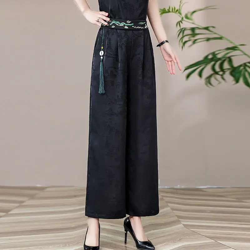 

Spring Autumn Women's Solid Color Elastic High Waisted Pockets Tassel Embroidered Casual Loose Chinese Style Trousers Pants