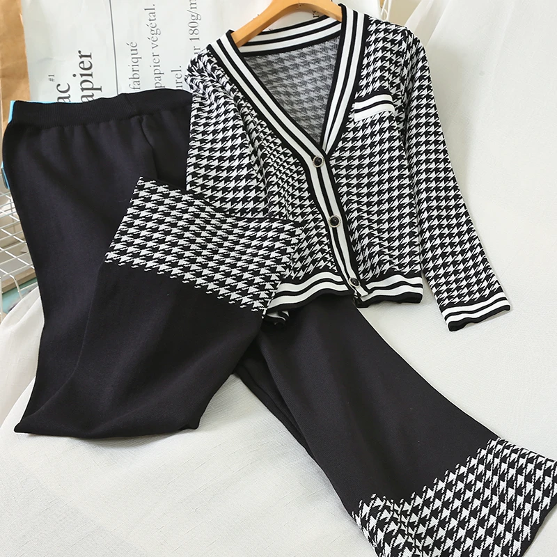 Women Knit Houndstooth Cardigan Long Sleeve Sweater Tops + Wide Leg Pants Sets Elegant V-neck Knitwear Trousers 2 Piece Outfits