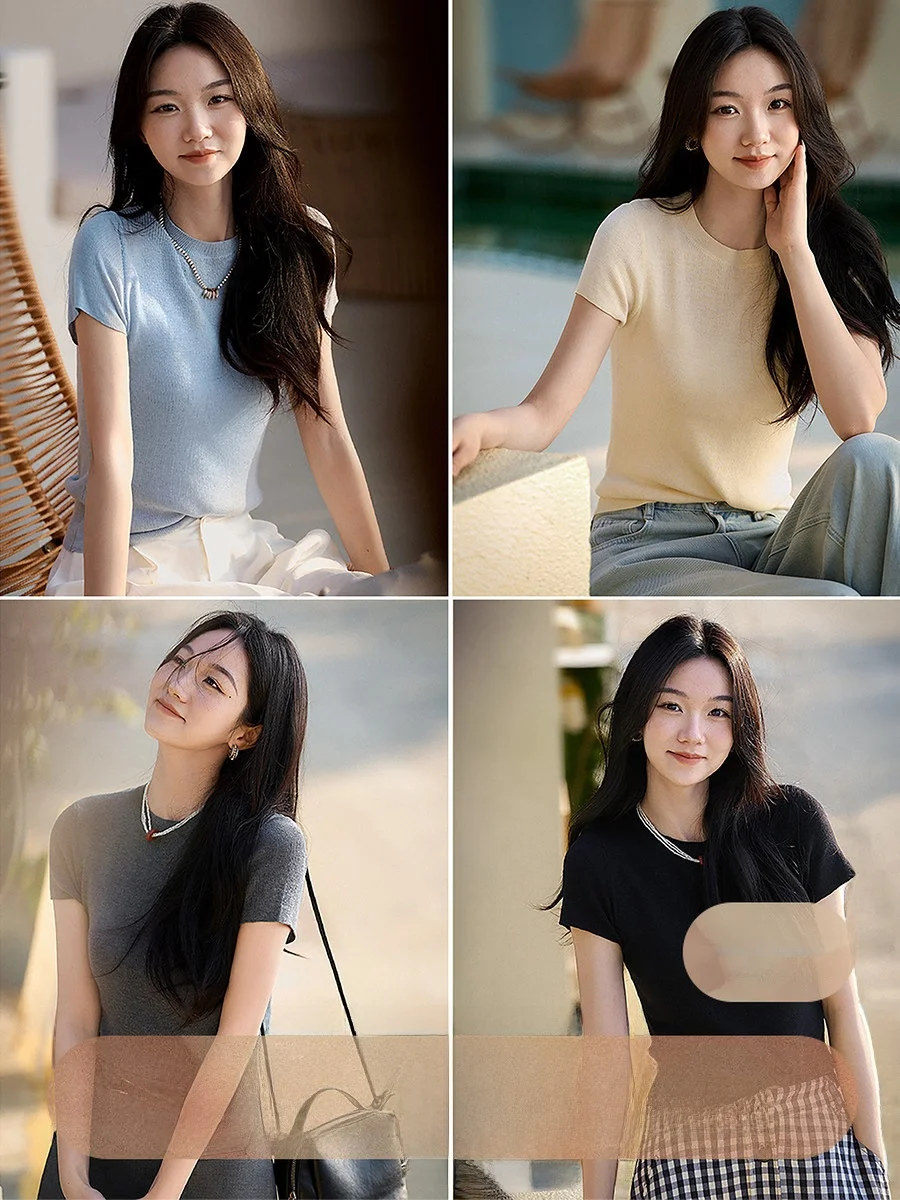Elegant Knitted Short Sleeve round Neck T-Shirt Women's Slim Fit Comfortable Breathable Polyester Blend Casual Summer Top