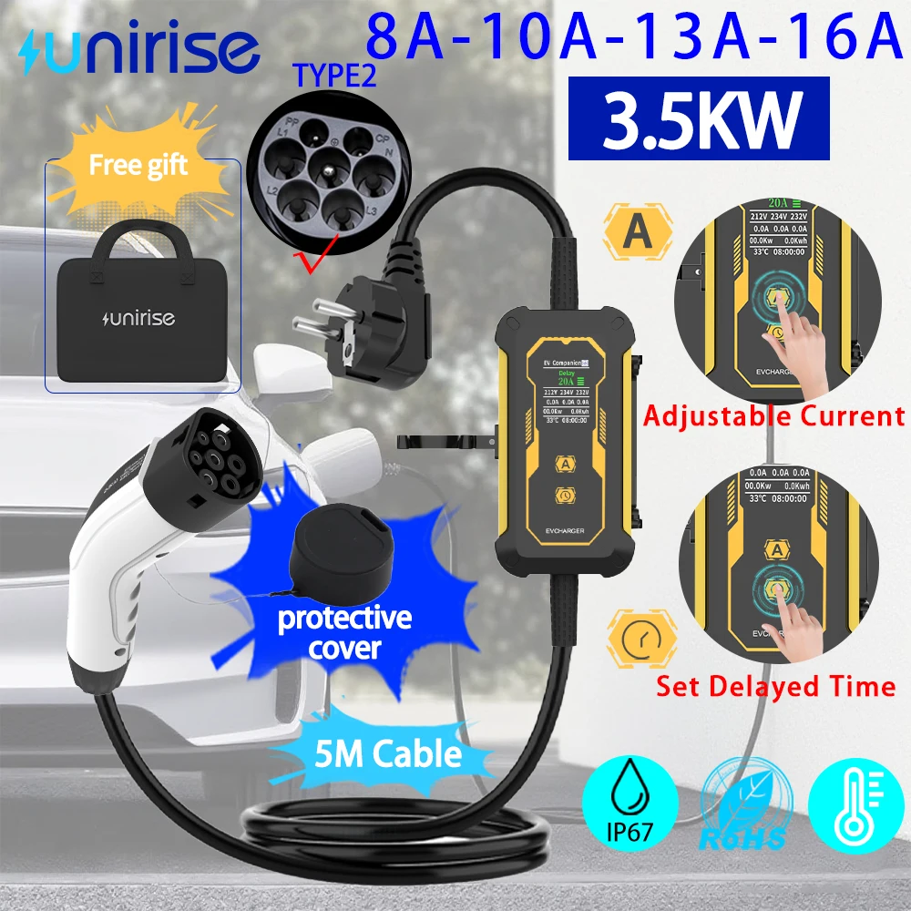 

Unirise EV Charger Type2 16A 3.5KW Electric Vehicle Charger EVSE Wallbox Wallmount Cable 5M IEC 62196 Portable Charging Type 2