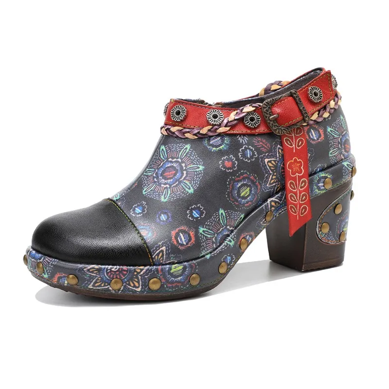 

7.5cm Sheepskin Leather PU Ethnic Summer Chunky Heel Women Handmade Print Ladies Fashion Moccasins Metal Decoration Shoes