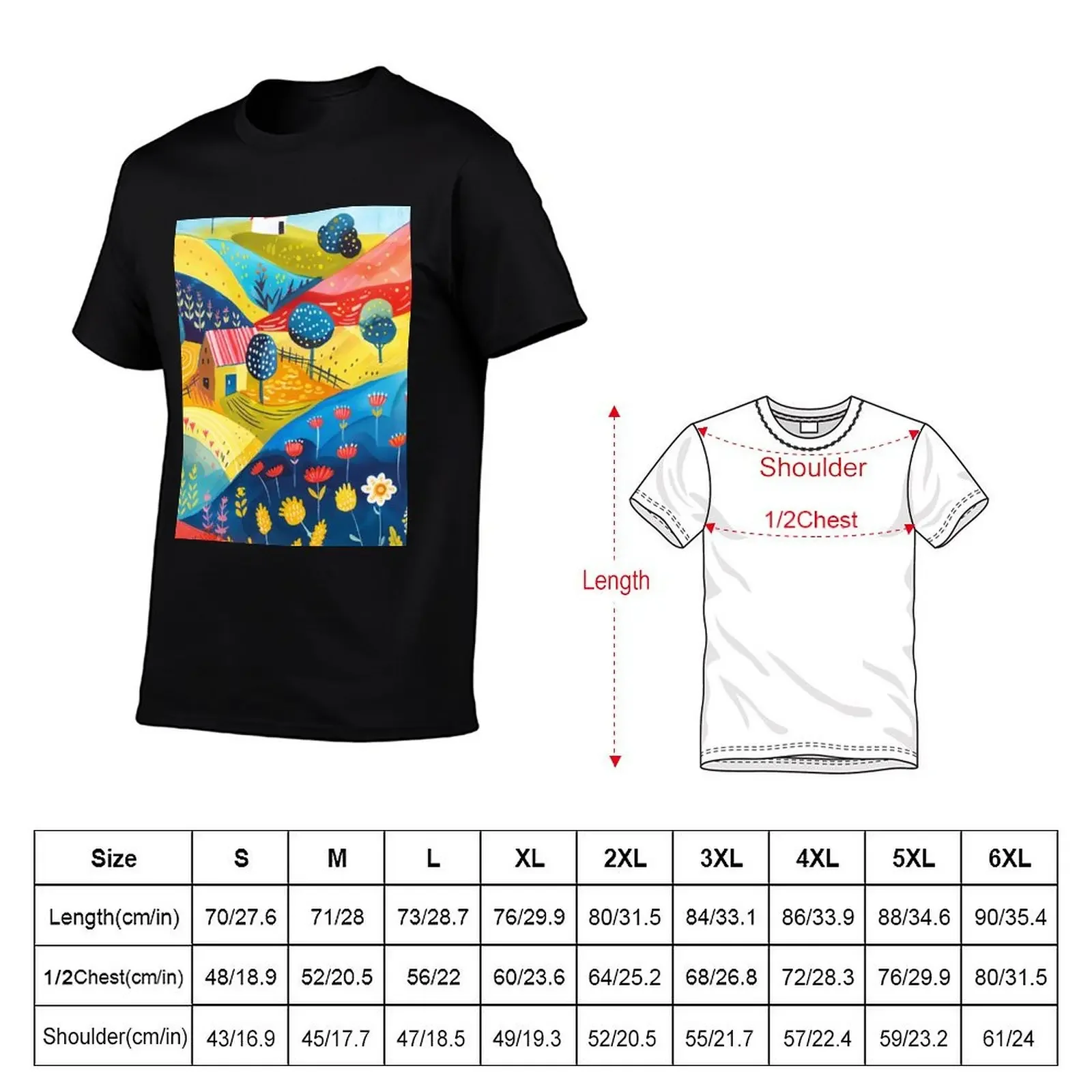 Colorful Scandinavian landscape with hills, trees and folk style houses T-Shirt anime clothes anime stuff sweat shirts, men