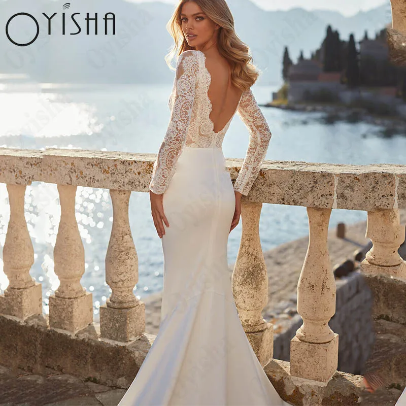 Oyisha Boho V-Neck Appliques Wedding Dresses For Women Backless Satin Mermaid Bride Party Long Sleeve Robe De Mariée Custom Made