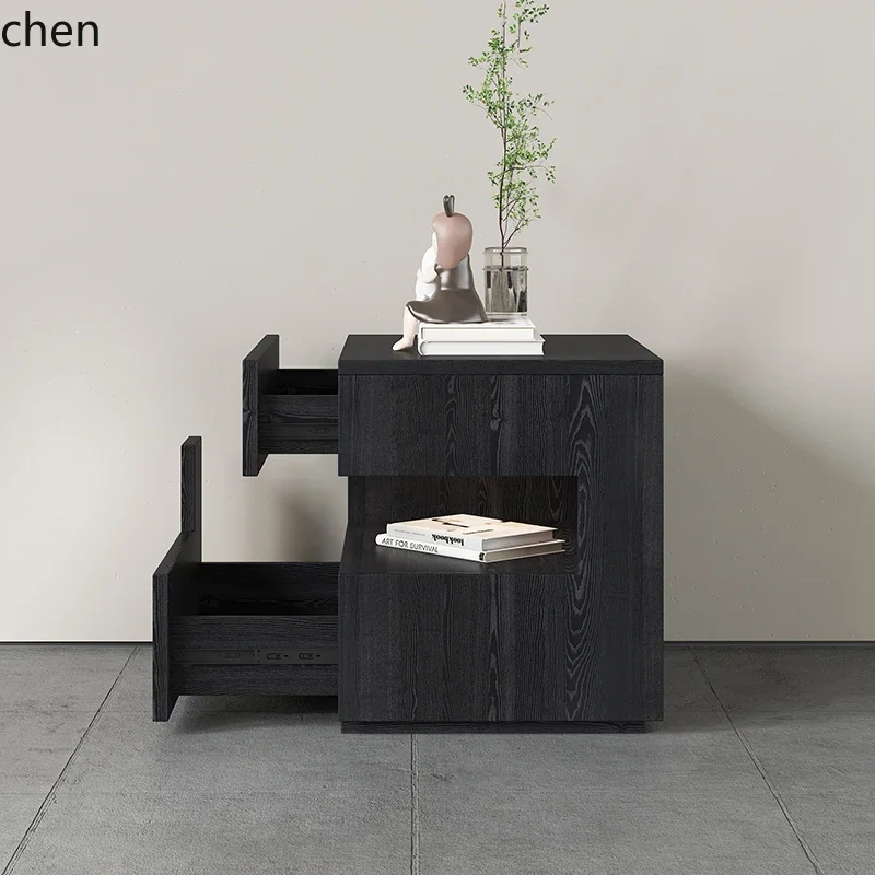 solid wood bedside table minimalist black bedroom light luxury bedside table