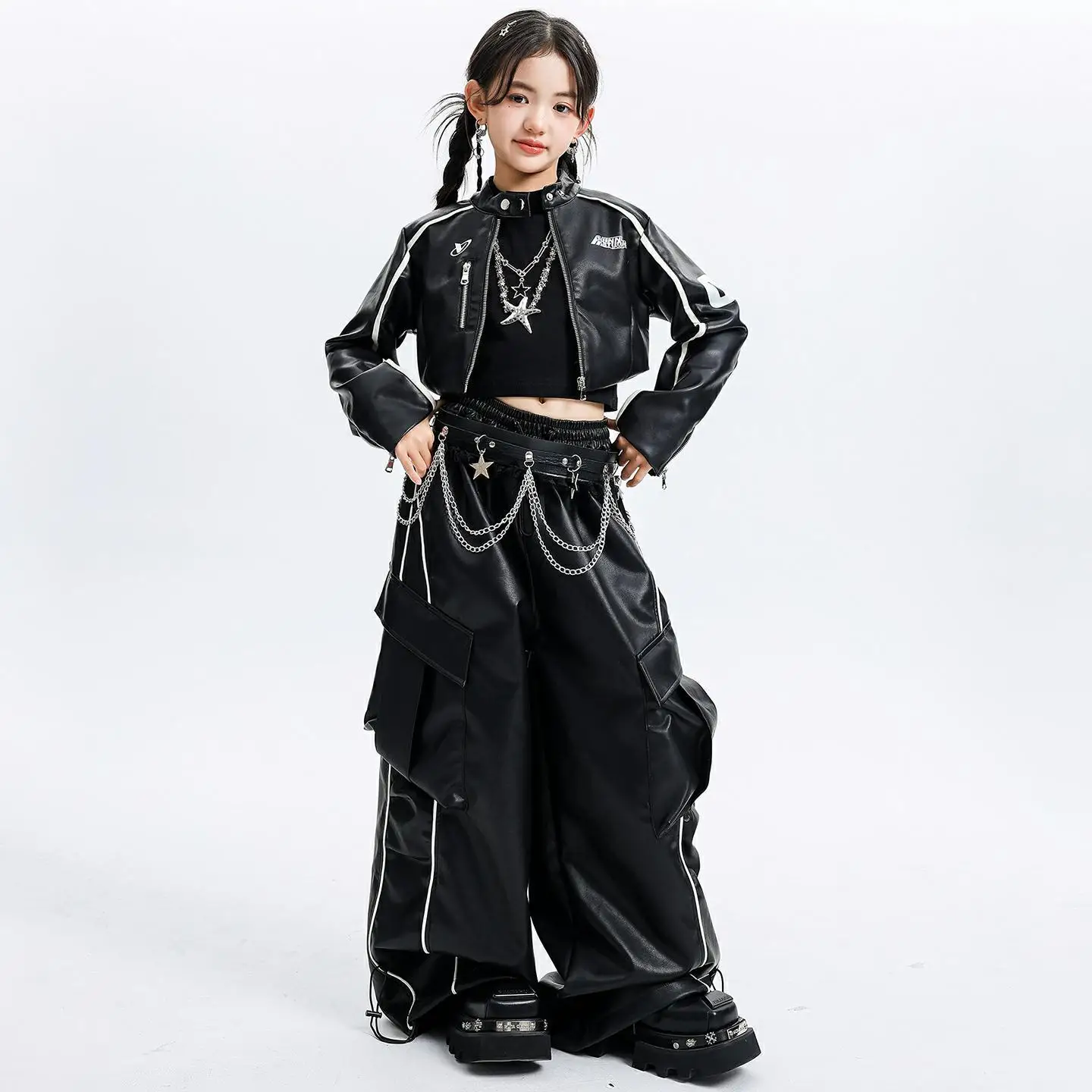 

Детская одежда в стиле хип-хоп Kpop, черная укороченная куртка на молнии из искусственной кожи, уличные брюки-карго в широкую полоску для девочек, танцевальный костюм, одежда