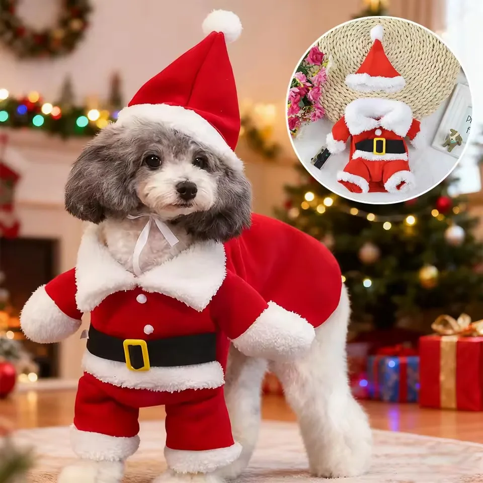 Pet Christmas Santa Claus Costume Cute Cosplay Jumpsuit with Matching Hat Holiday Dress Up Clothing Small Cats Dogs Party Decor
