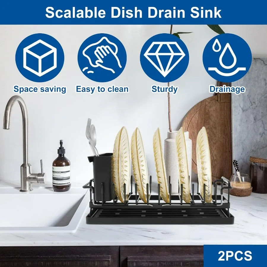 2 قطعة رف تجفيف الأطباق القابل للتوسيع من الفولاذ الكربوني لتمديد الأطباق تجفيف الأطباق متعدد الوظائف حامل أواني رف توفير المساحة للمطبخ