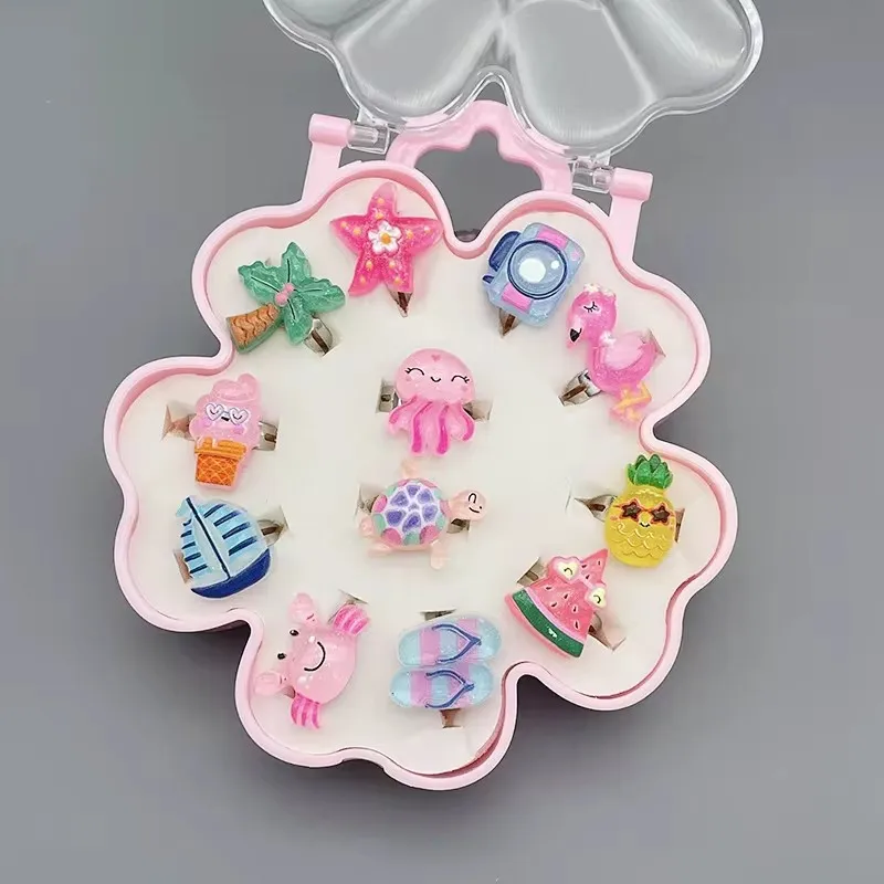 Mixed New 12PCS/SET Watermelon Turtle Flamingo Pineapple Cute Kids Girls Rings Jewelry Gift