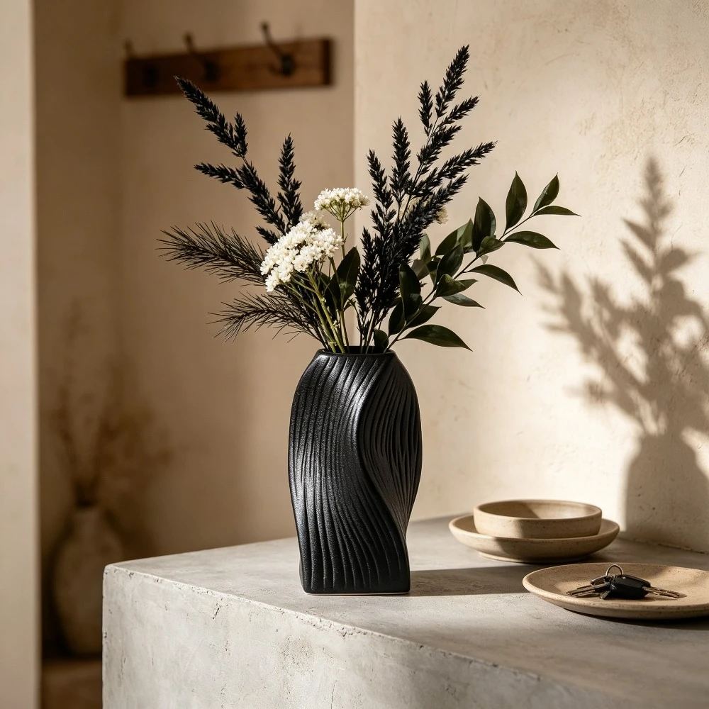 Modern Wavy Twist Ceramic Vase Matte Finish Vertical Texture Vase Minimalist Table Centerpiece for Living Room Bedroom Decor