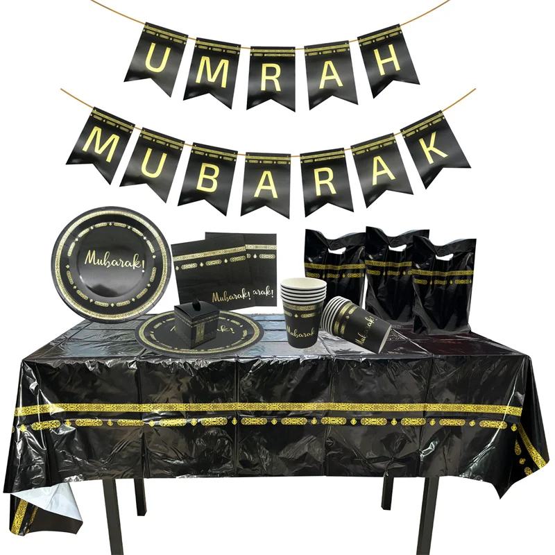 Schwarzgold Umrah Mubarak Pappteller Tassen Servietten Tischdecke Banner Home 2026 Eid Mubarak Islamischer muslimischer Festival Partyzubehör