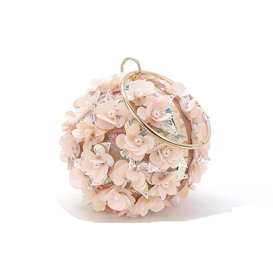 Round Handle Mini Sequin Flower Evening Bag, Elegant Dinner Clutch Purse, Formal Round Banquet Handbag For Wedding Party Prom