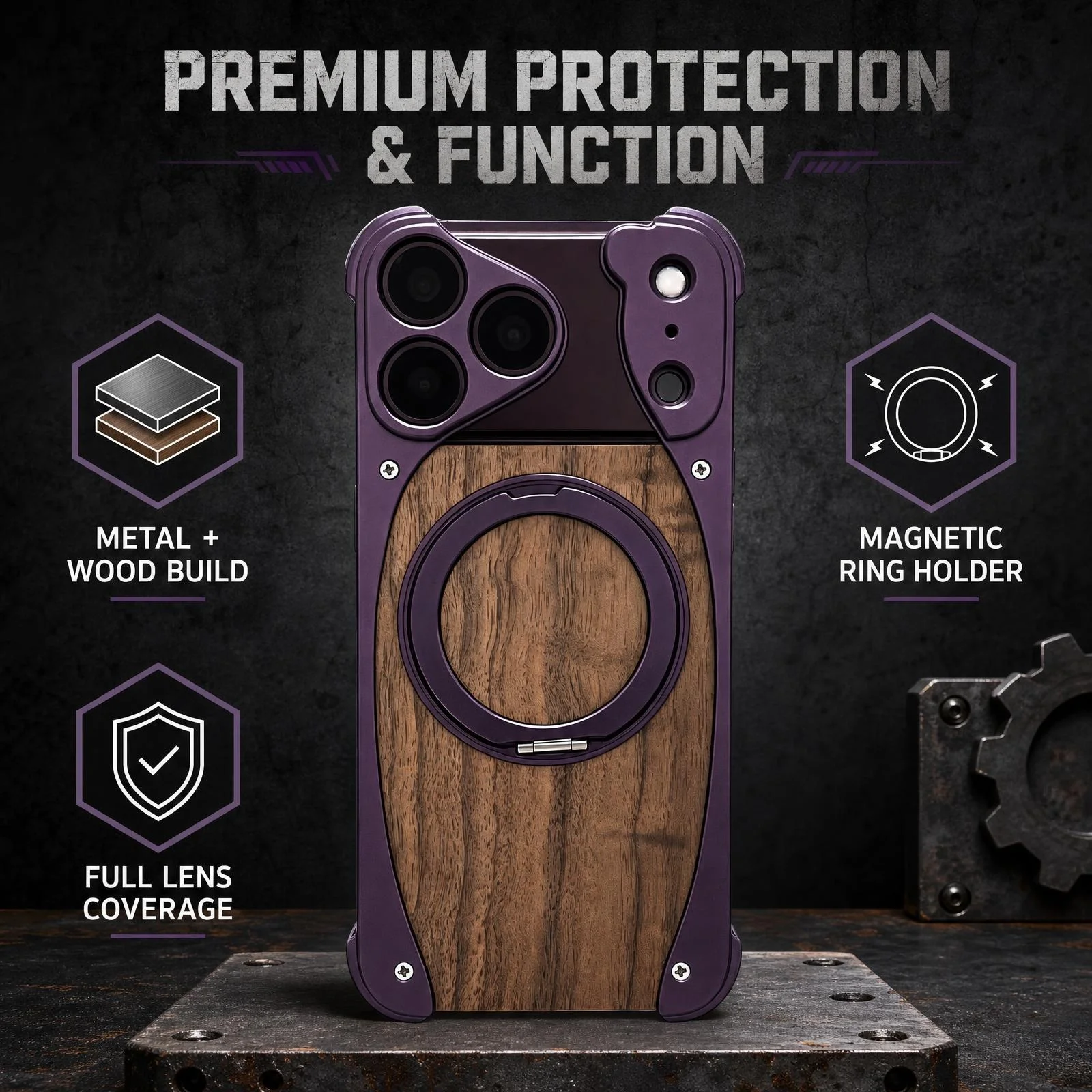 Luxury Metal Frame Walnut Wood Frameless Phone Case For iPhone 18 17 16 15 14 Pro Max Magsafe Magnetic Rotating Bracket Cover