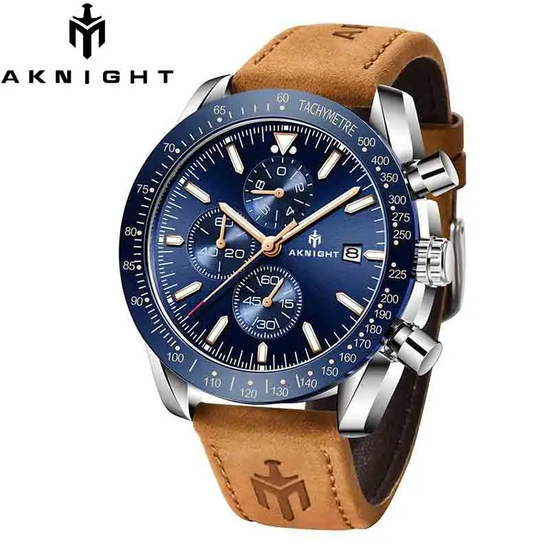 Imagem -02 - Aknight Relógios Masculinos de Luxo Original Quartzo Pulseira Couro Genuíno Relógios à Prova Dcasual Água Esporte Casual Cronógrafo Masculino