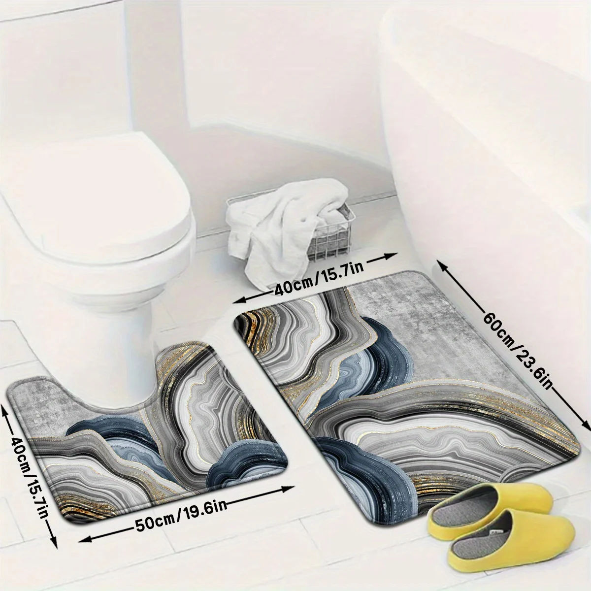 Modern Luxury Abstract Bath Mat Set Grey Wave Pattern Non-slip Bathroom Home Decor Rugs Accessories