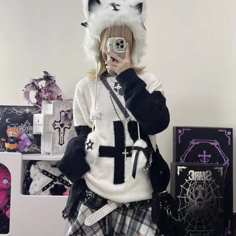 Punk Subculture Vintage Punk Knitwear Women Harajuk Black White Contrast Cross Sweater Winter Loose Casual Y2k Fashion Tops New