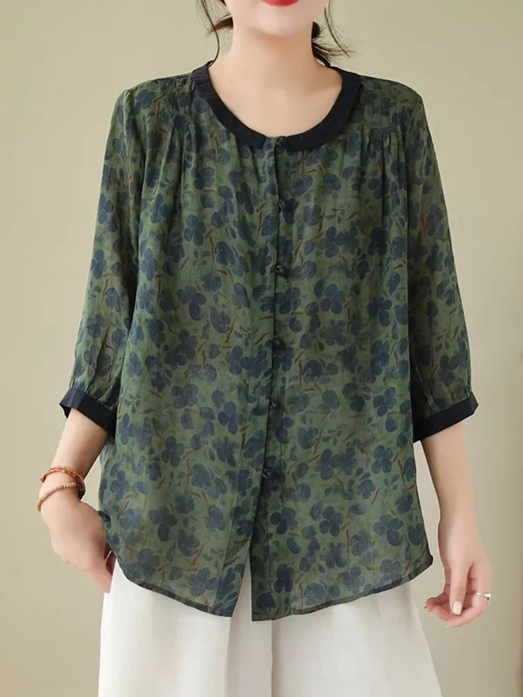 Chemise décontractée à imprimé floral pour femmes, style vintage, col rond, confortable, été, nouvelle arrivée, 2023