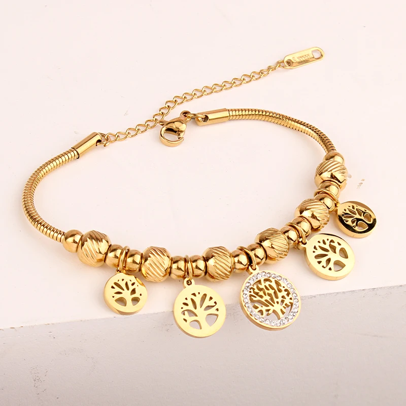 Stainless Steel Life Tree Bracelet Gold Plated Trendy Beads Charm Bracelet Joias Aço Inoxidável Women Accessory Girls Gift