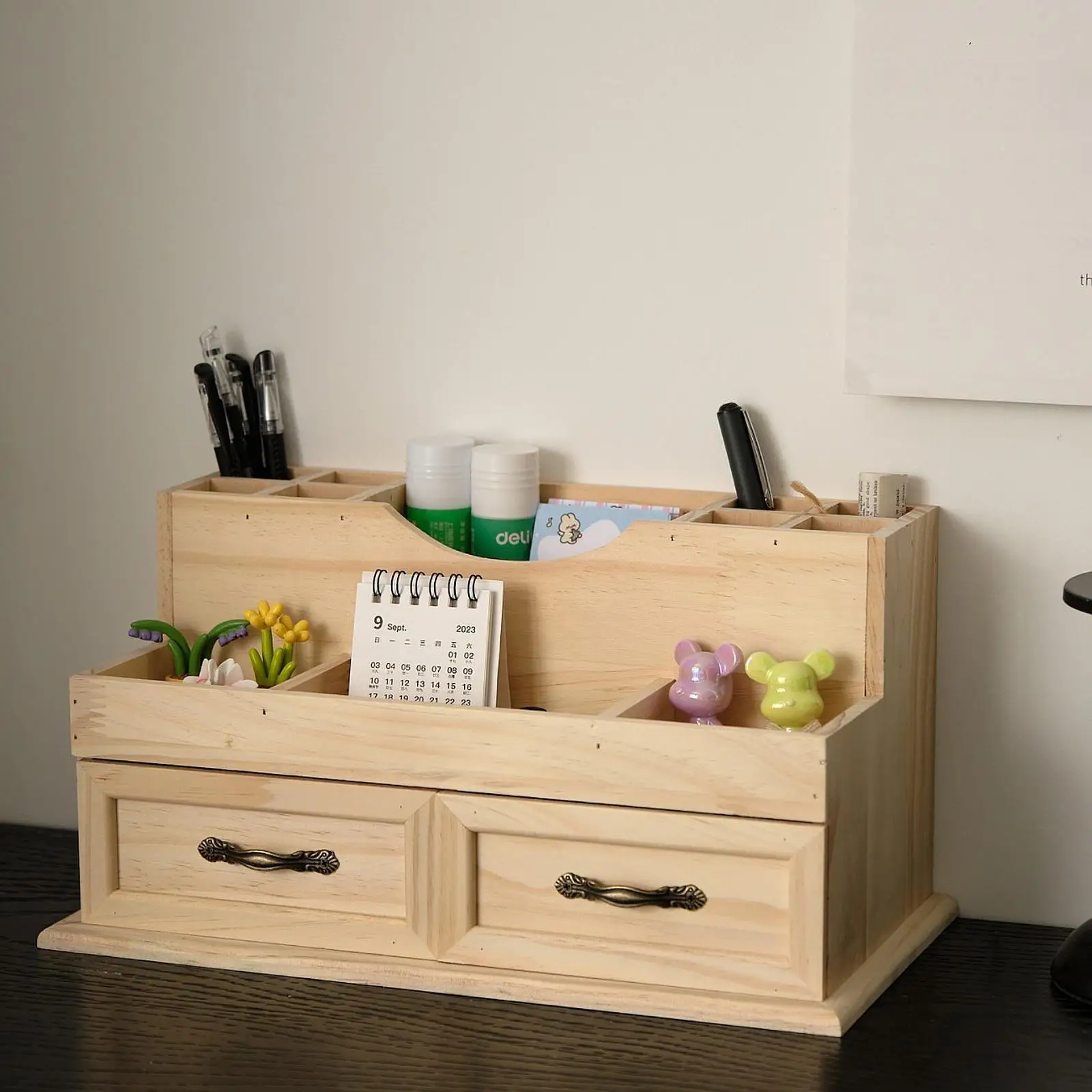 

Wooden Makeup Organizer for Vanity Desk Organizer Multi Compartments Retro