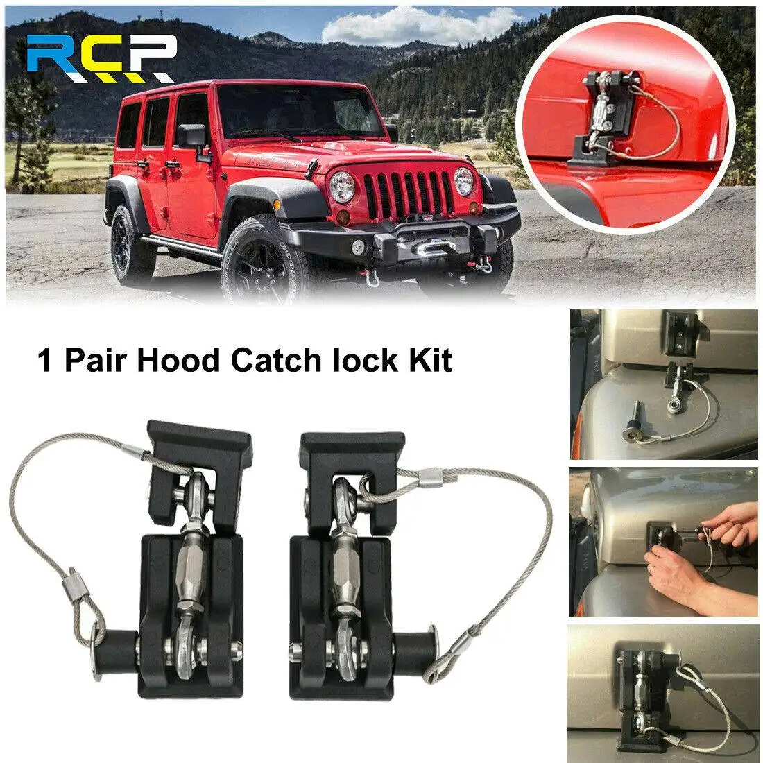 Free shipping Hood Catch lock Kit for 07-18 Jeep Wrangler JK JL TJ JKU Catch Latches Release