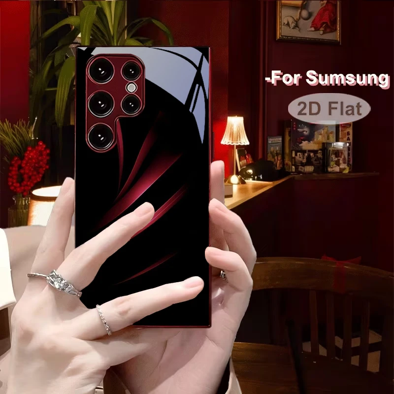 Minimalist Dark Style Electroplated Wine Red Glass Phone Case For Samsung Galaxy S26 S25 Edge S24 S23 Ultra Plus FE S22 21 Cover