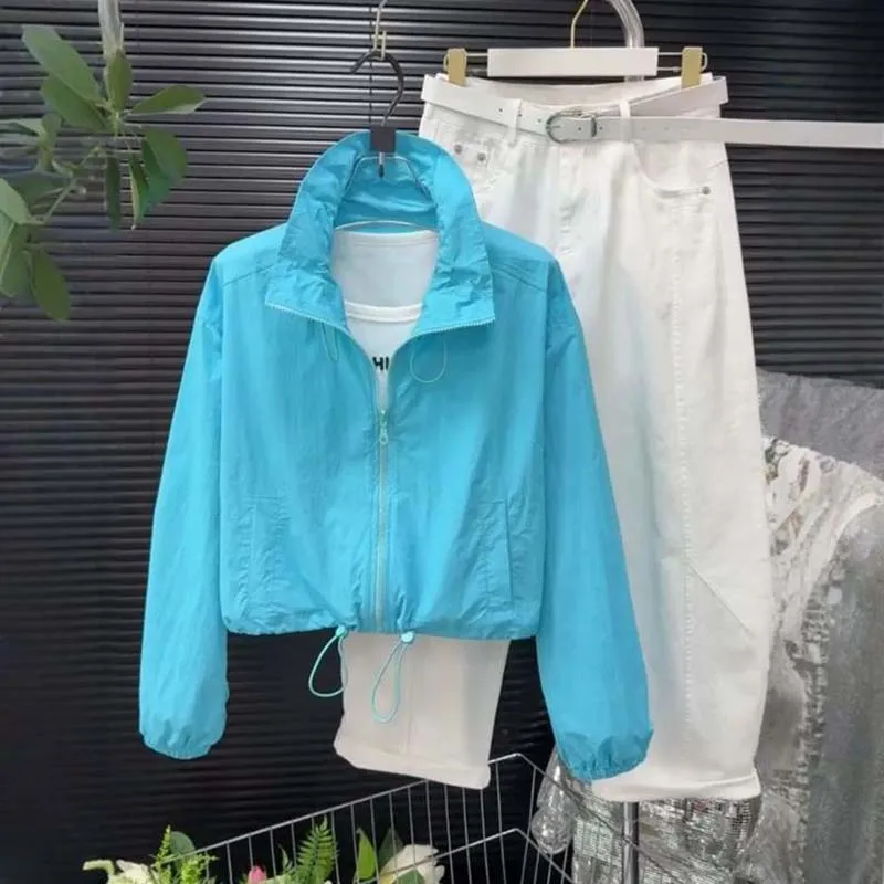 

Women's Short Sunscreen Wear 2026 Summer New Loose Travel Outdoor Stand Collar Coat Ladies Casual Solid Color Zipper Coat Top