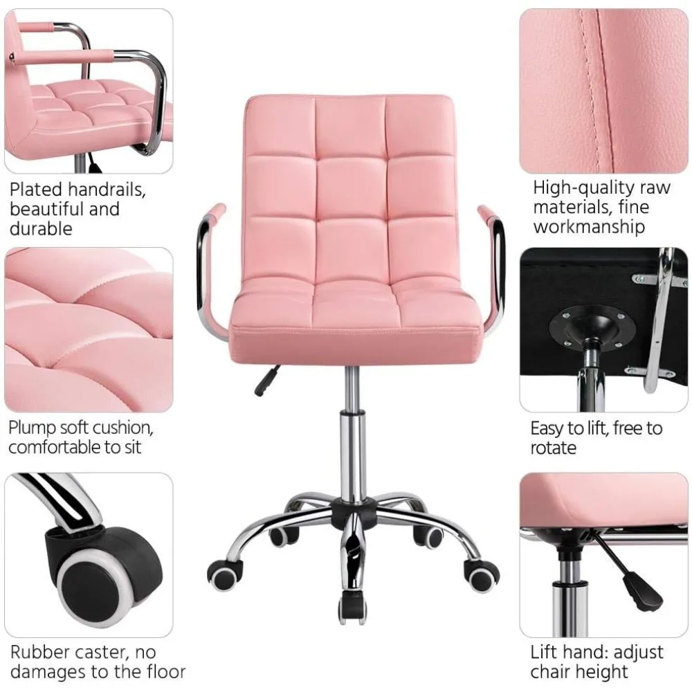 Modern PU leather office chair, with wheels/armrests, height adjustable, suitable for home and office use, with wheels, pink.