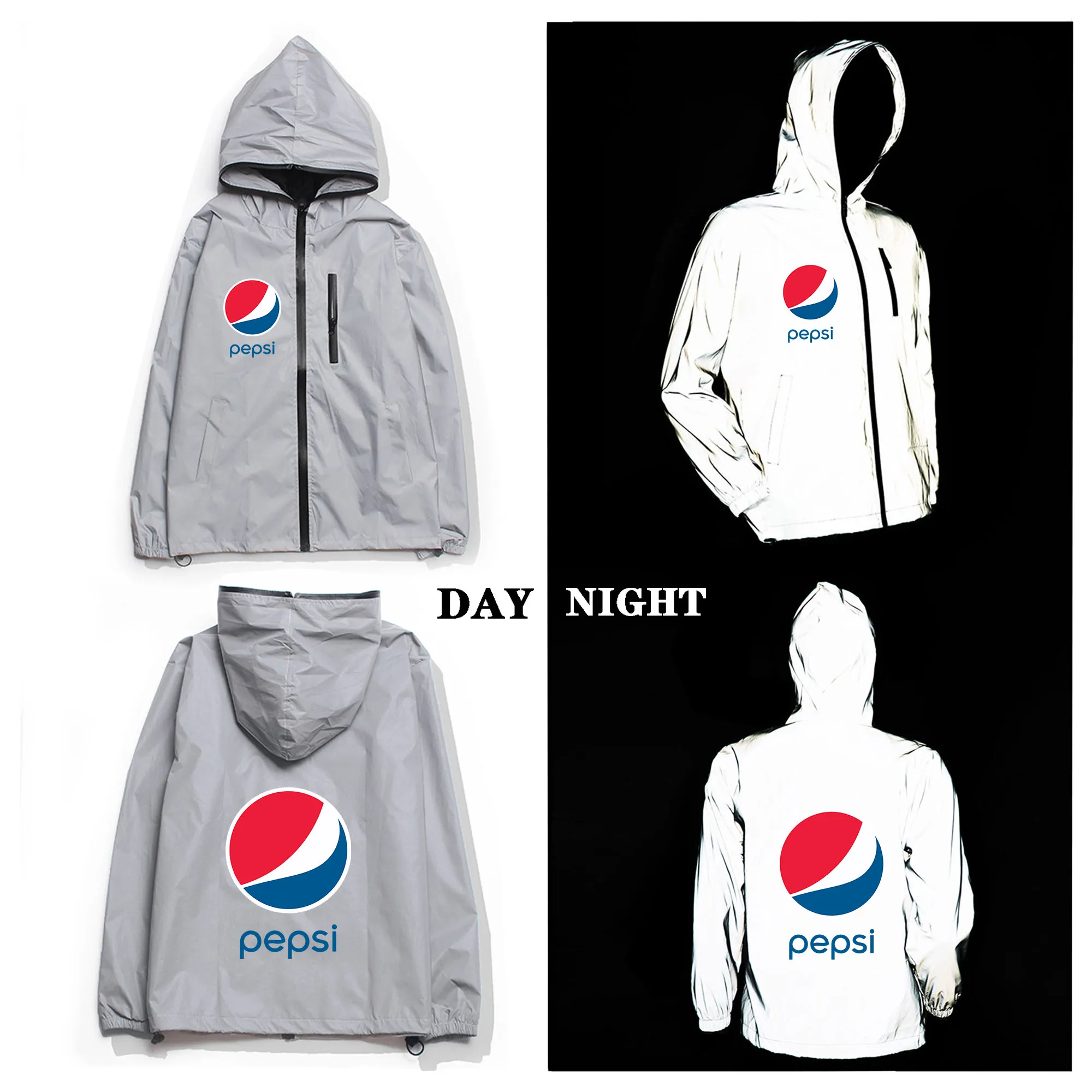 

P-Pepsi-Cola Cool Custom Reflective Jacket Mens Womens Coat Hooded Windbreaker Run Jackets Cycling Hiking Zipper Custom Hoodie