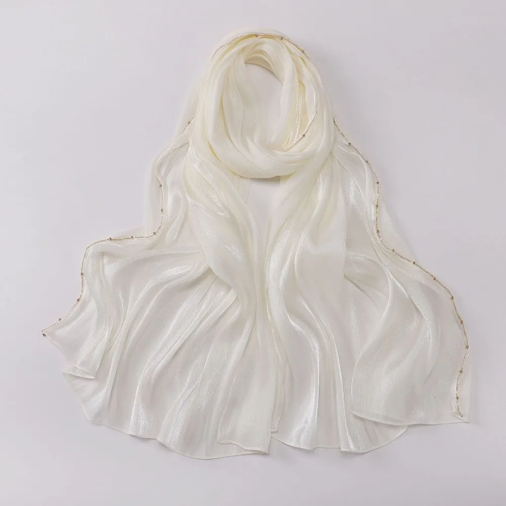 High Qulaity Solid Color Silk Scarf Shining Unilateral golden chain Chiffon Hijab Veil Long Chiffon Sunscreen Headscarf Outdoor view 2